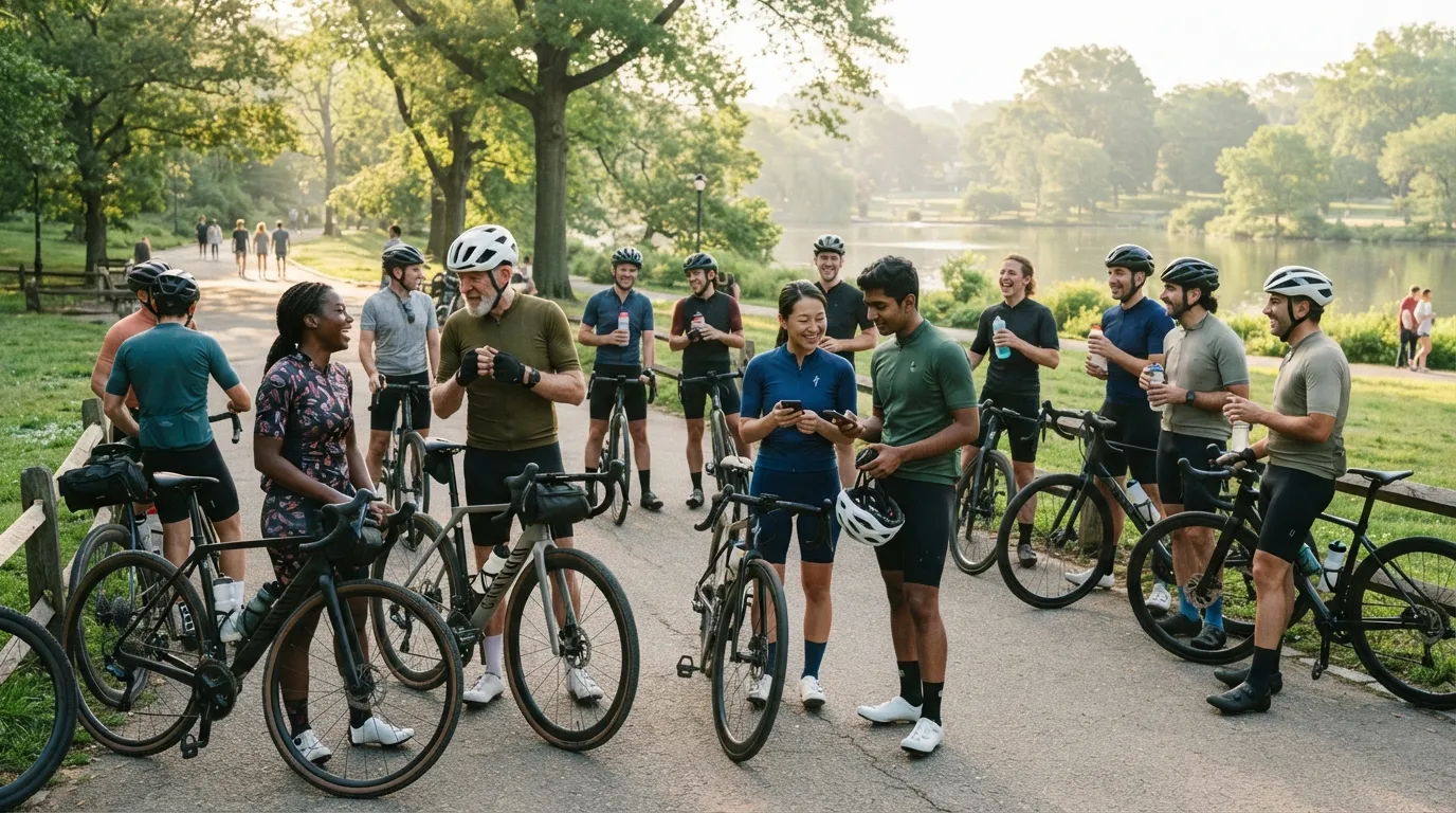 Cycling club members gathering before a community ride