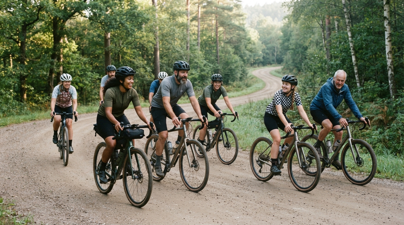 Gravel cycling club riding a mixed-surface route together in 2026
