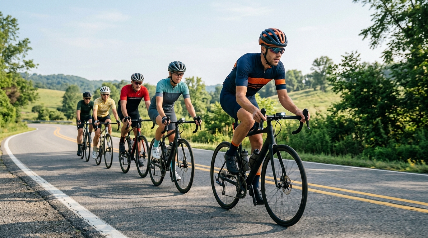 Beginner cyclists maintaining safe spacing during an organized cycling club group ride