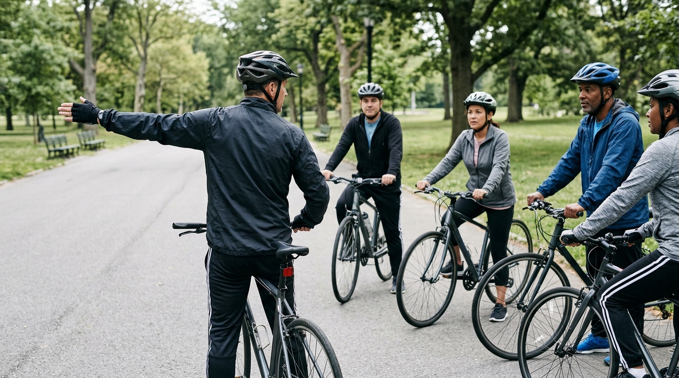 Cycling club leader demonstrating hand signals and group ride communication for beginners