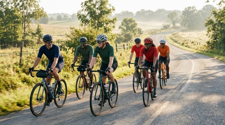 First cycling club group ride with beginner cyclists enjoying a safe organized road ride